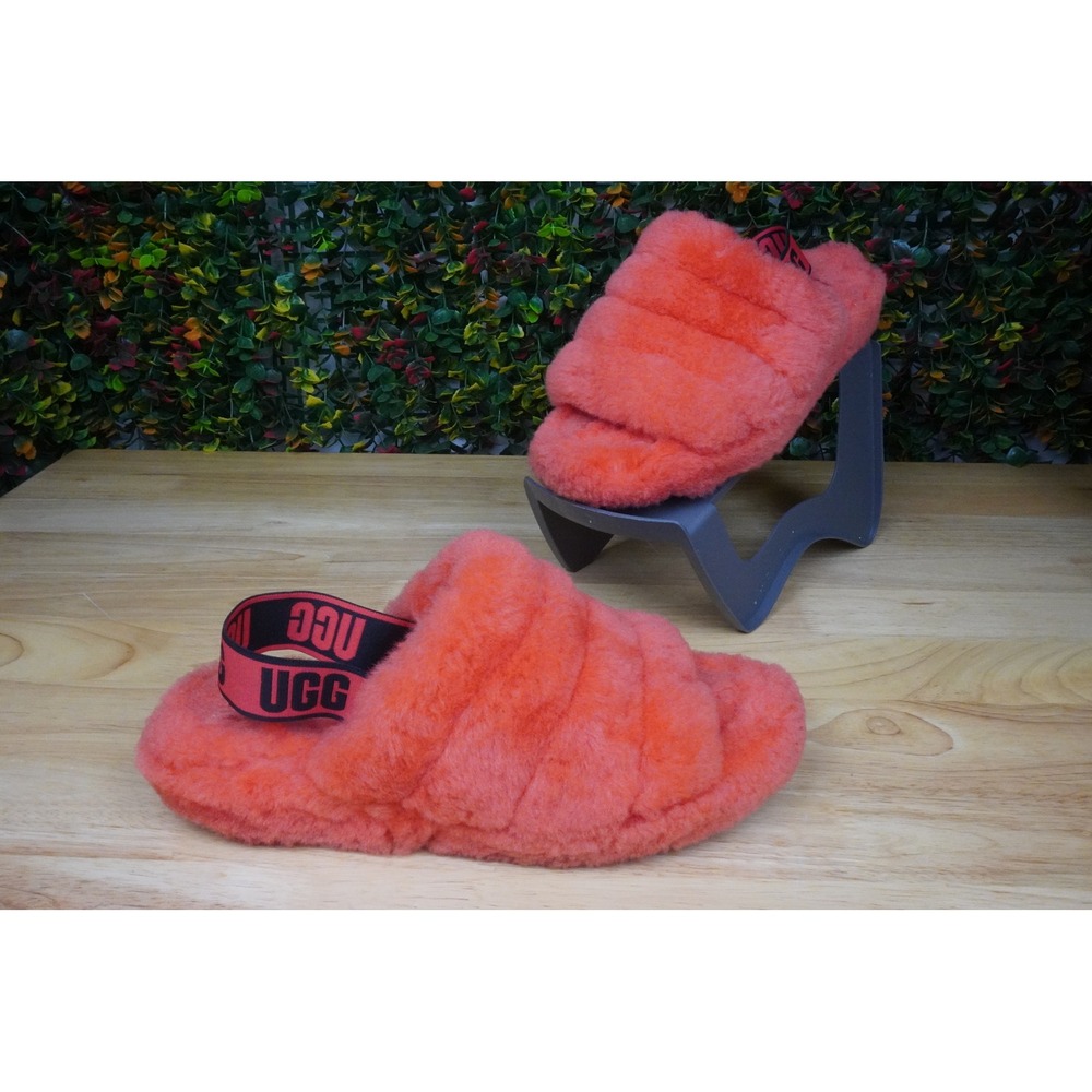 UGG Fluff Yeah Slide Coral Red Sheepskin Sandals 1095119 Womens 9